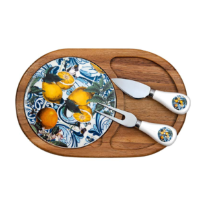 Acacia Wood and Ceramic Cheese Board Set