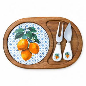 Acacia Wood and Ceramic Cheese Board Set
