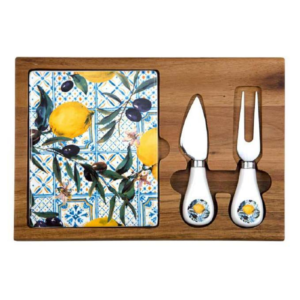 Acacia Wood and Ceramic Cheese Board Set