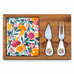 Acacia Wood and Ceramic Cheese Board Set