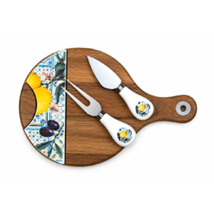 Acacia Wood and Ceramic Cheese Board Set